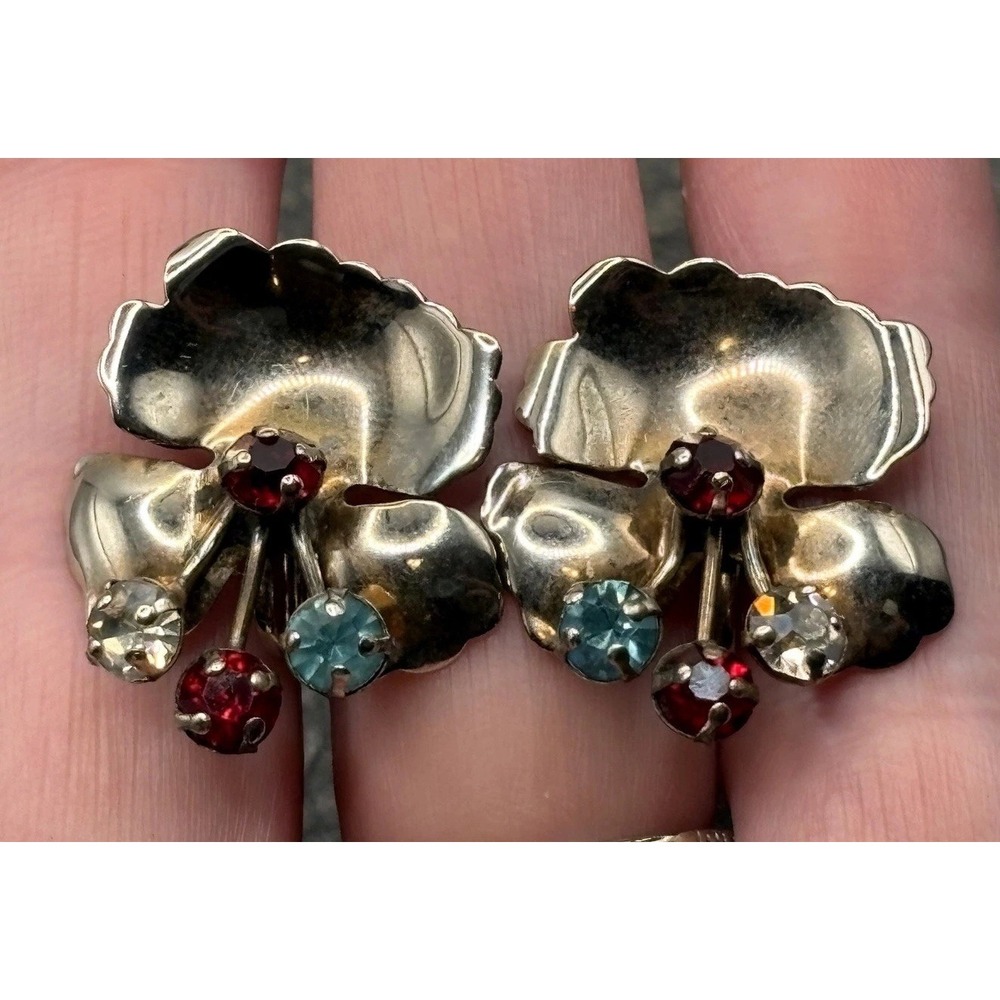VTG Sterling Silver Pansy Flower Screw Back Earrings Red Blue Crystal Rhinestone